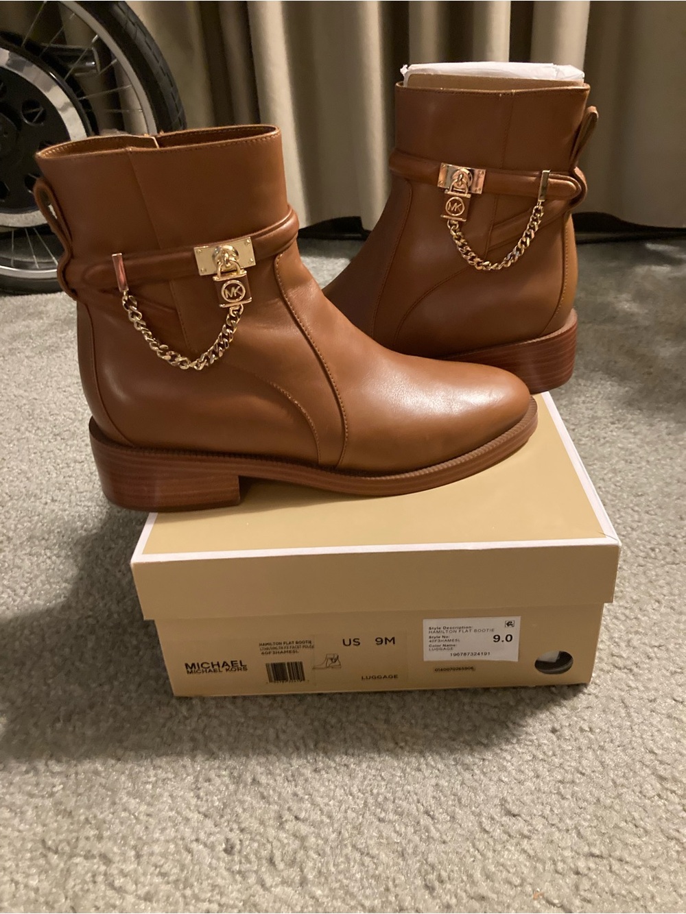 Michael Kors Chestnut Leather Boots with Gold Chain Accent size 9